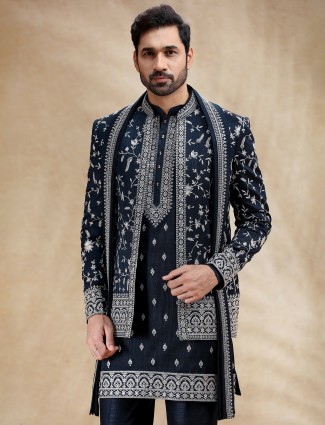 Navy silk indowestern set with dupatta