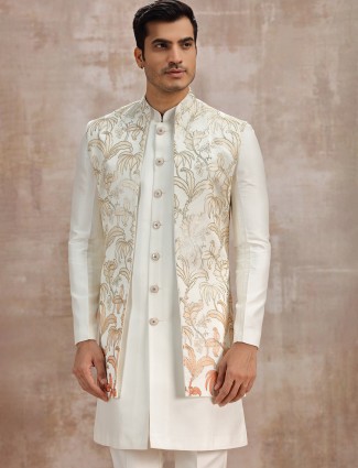 Off white long silk waistcoat set for reception