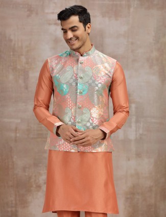 Peach printed silk waistcoat set for festival wear