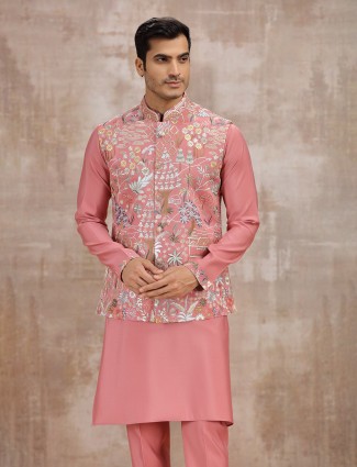 Pink silk embroidery worked wedding waistcoat set
