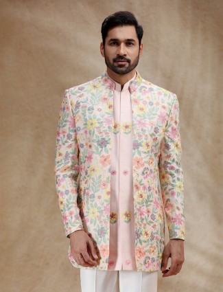Pink silk wedding wear indowestern for men