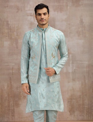 Sky blue silk waistcoat set with sequins detailing