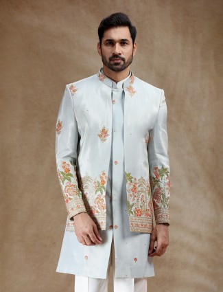 Sky blue wedding wear silk indowestern set