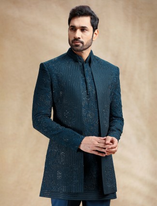 Teal Blue silk indowestern with rich embroidery