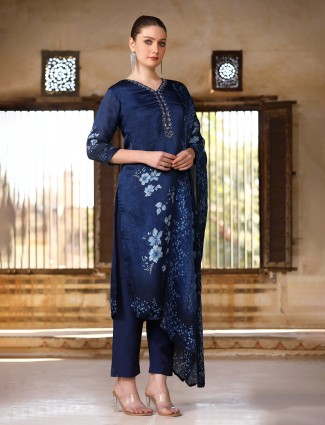 Blue floral silk printed festive kurti set