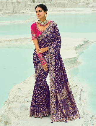 Dark purple bandhej saree for weddings