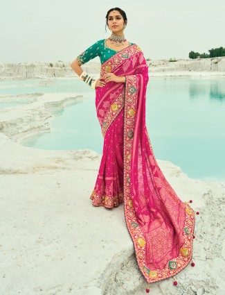 Classic rani color bandhej georgette wedding saree