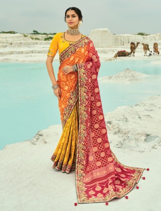 Red and mustard yellow bandhej georgette saree
