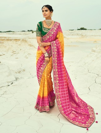 Shaded mustard yellow and rani bandhej saree