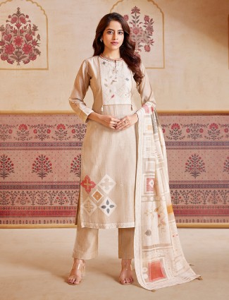 Beige cotton silk sequins work salwar suit