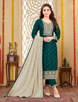 Dark green silk sweetheart neck salwar suit