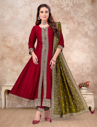 Maroon silk resham work salwar suit