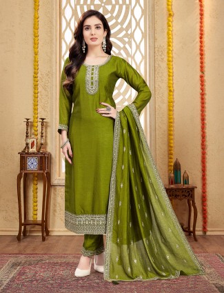 Mehendi green silk embroidered salwar suit