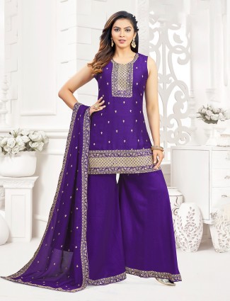 Purple silk resham work palazzo suit