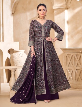 Purple silk sequins zari designer palazzo salwar suit with dupatta