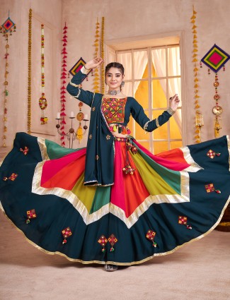 Teal blue mirror and bead work navratri chaniya choli