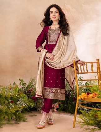 Wine silk sweetheart neck designer salwar suit