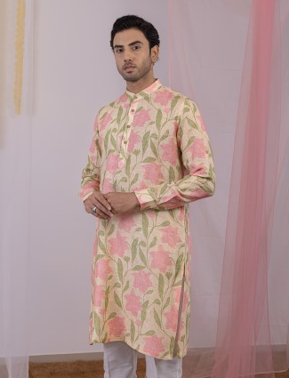 Beige printed men kurta in linen Beige printed men kurta in linen