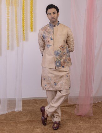Beige printed silk waistcoat set for men