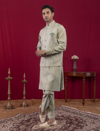 Pista green silk festive waistcoat set