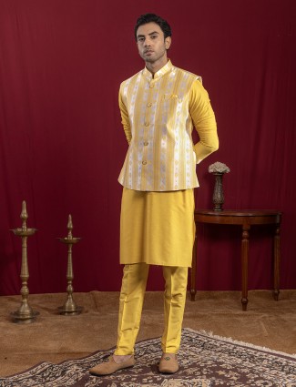 Yellow zari cotton silk waistcoat set