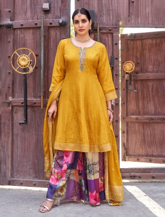 Mustard yellow silk palazzo suit with dupatta