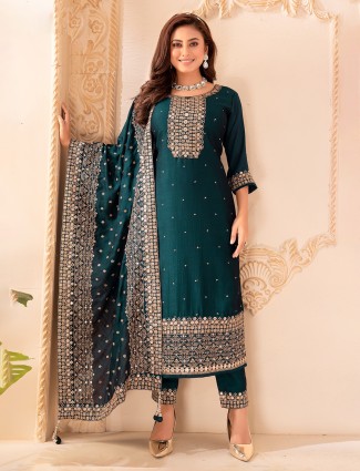 Rama green silk straight cut salwar suit with dupatta