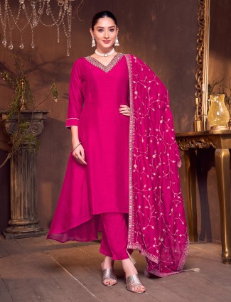 Rani pink silk embellished salwar suit