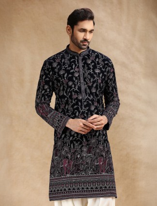 Dark blue velvet kurta pajama with shimmering resham