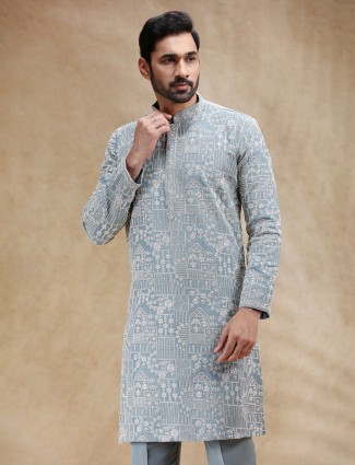Grey cotton silk kurta suit for festive charm