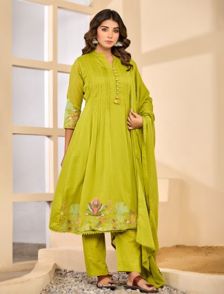 Light green silk embroidered festive kurti set