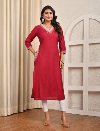 Maroon embroidered cotton silk casual kurti