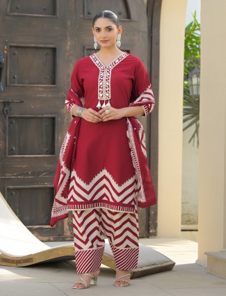 Maroon mirror work silk kurti set