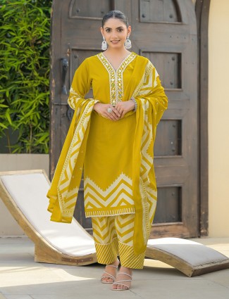 Mustard yellow silk printed kurti set for women