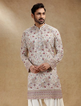 Off white kurta salwar set in georgette for men