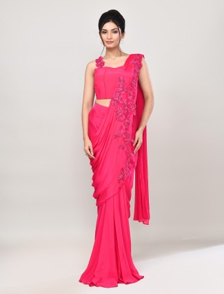 Pink satin silk embellished ready to wear saree