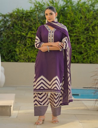 Purple printed silk mirror work kurti set