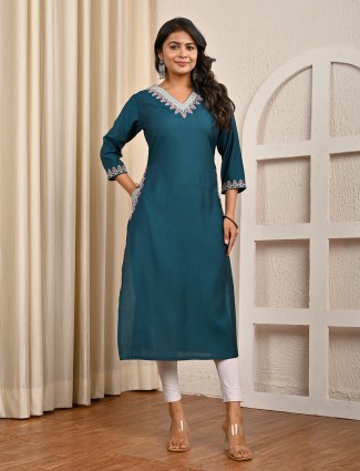 Rama blue cotton silk embroidered casual kurti