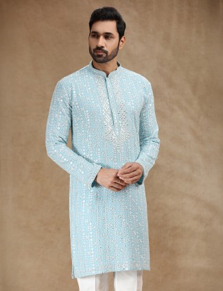 Sky blue georgette kurta suit with aabla highlights