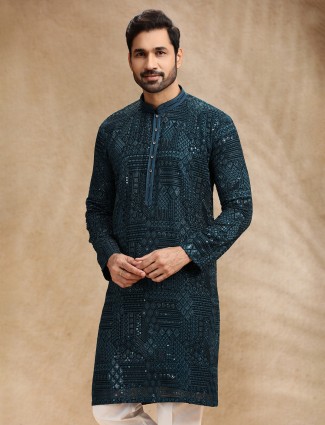 Teal blue georgette men festive kurta pajama