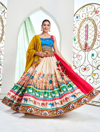 Beige silk navratri lehenga choli with artistic print