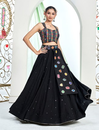 Black silk navratri lehenga choli with mirror work accents