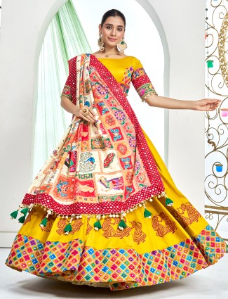 Yellow silk navratri lehenga choli with bold dupatta design