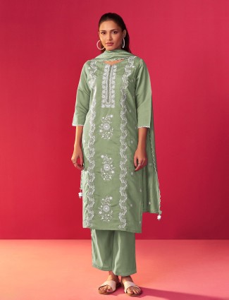 Luxurious light green silk kurti set with dupatta