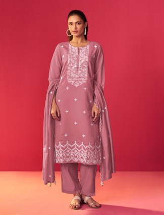 Onion pink embroidered silk kurti set for festive occasions