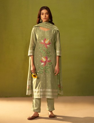Pista green silk kurti set with zari weaving