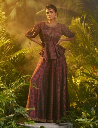 Purple and red printed silk palazzo suit