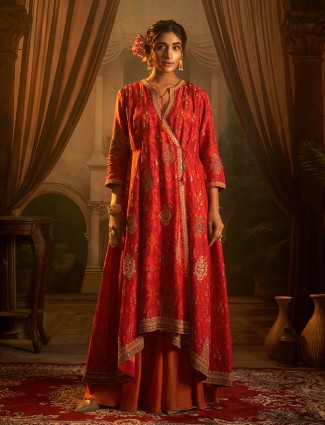 Red silk printed palazzo suit for festive wear