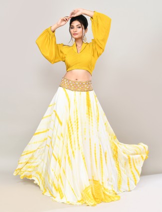 Yellow satin cutdana haldi ceremony lehenga choli