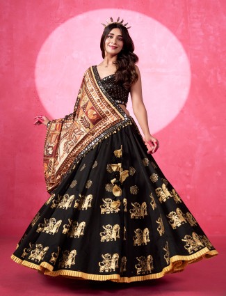 Black printed silk navratri lehenga choli with coins and mirror